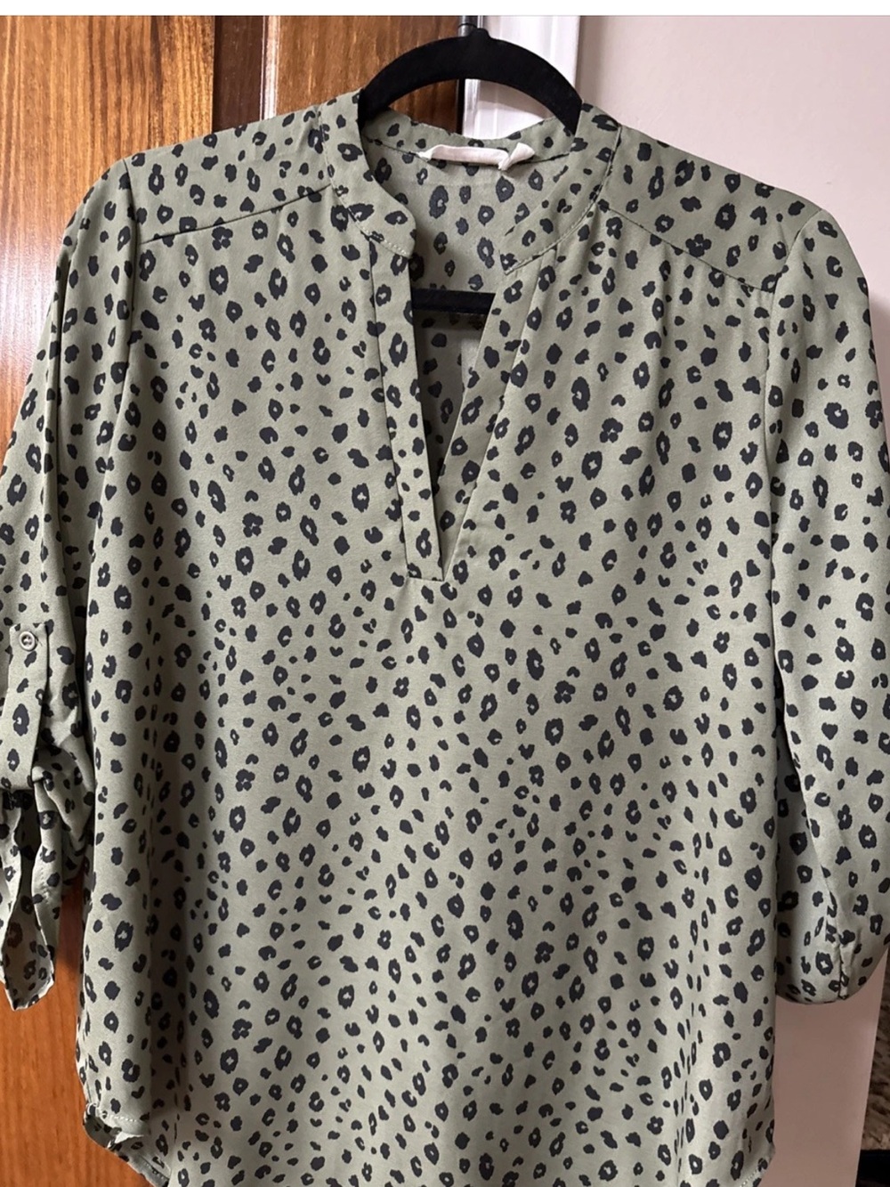 Lush Olive Green Animal-Print Split-Neck Blouse